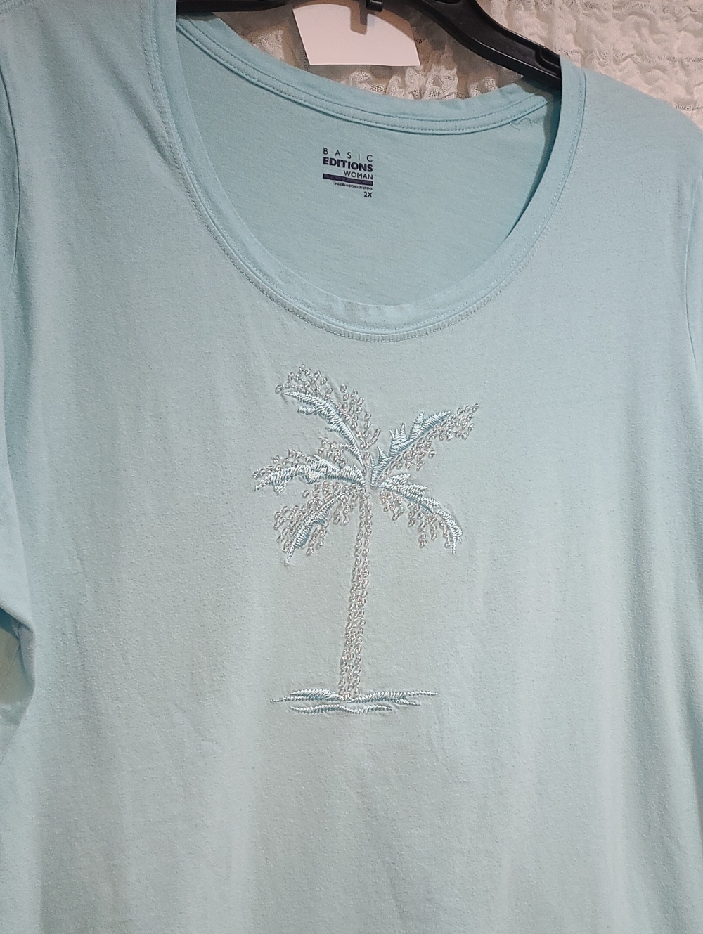 Embroidered And Beaded Palm Tree Short Sleeve Light Aqua Top EUC 2X PTP 26